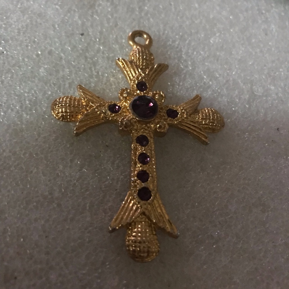 Gold-Tone Cross Pendant with Purple Stones